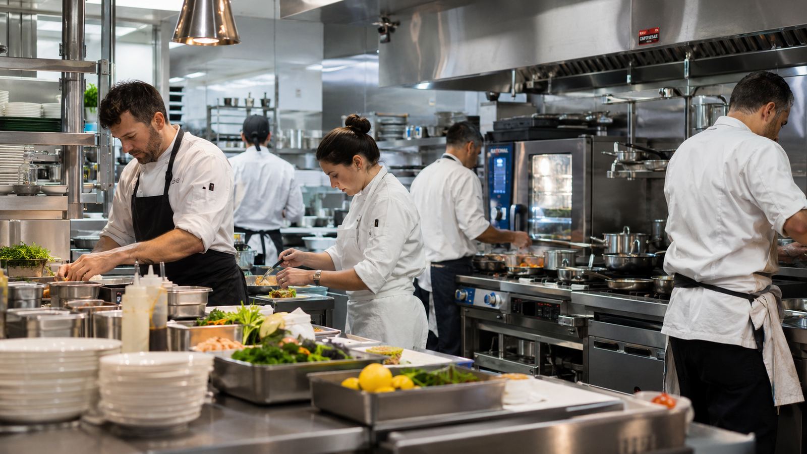 A commercial kitchen team at work